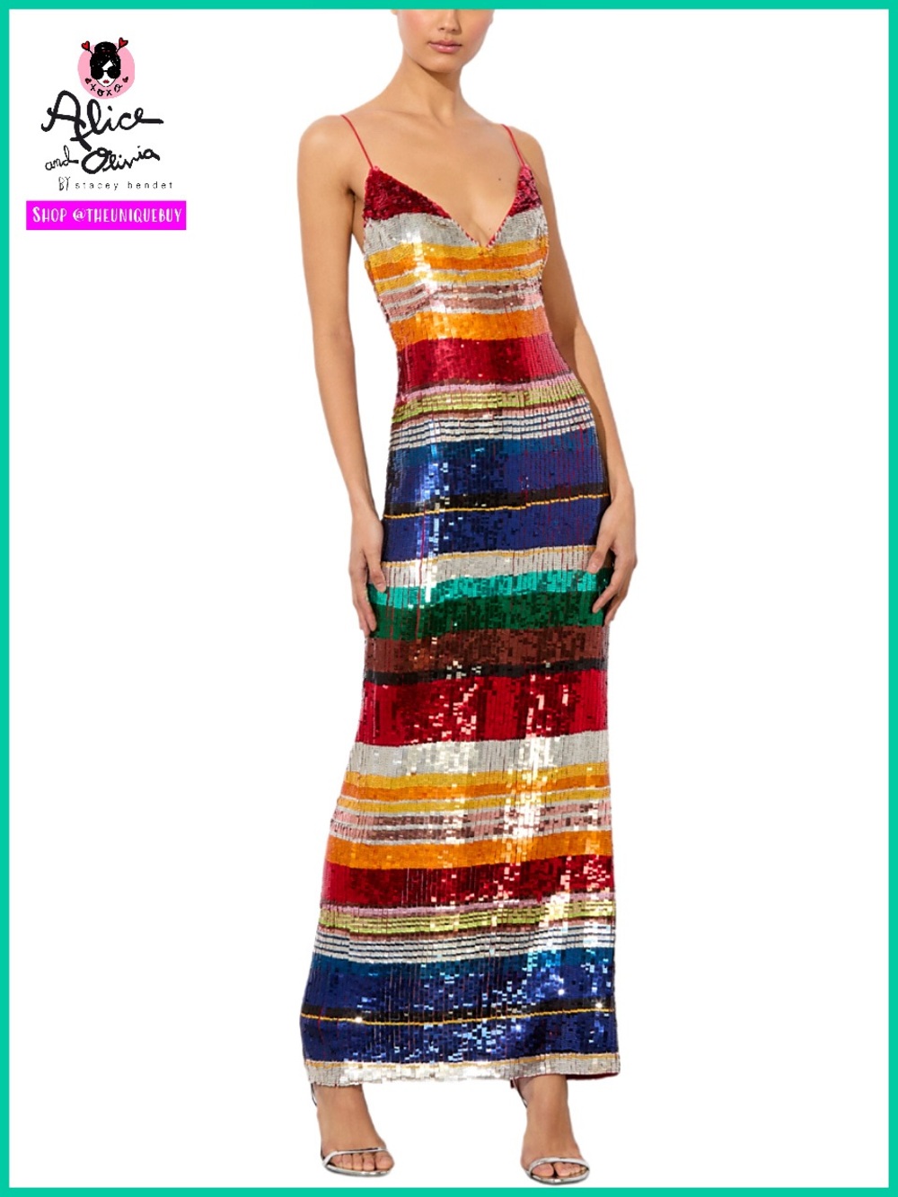 Alice + Olivia Artea Rainbow Sequin Striped Multi Embellished Maxi Gown Dress